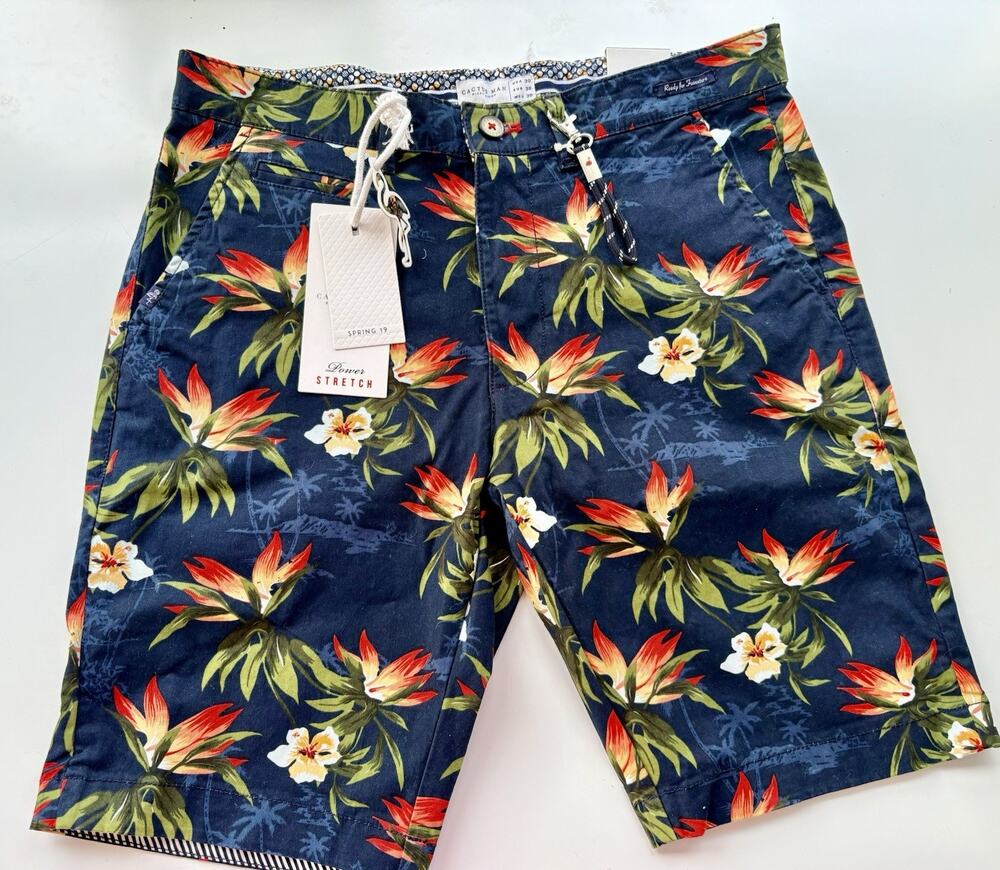 Cactus Man Shorts Mens 30 Blue Floral Tropical Ricky Singh 9" Inseam Vacation